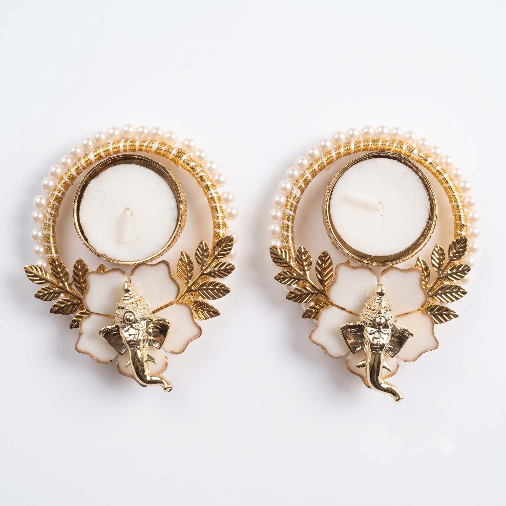 3D Ganesh Pearl Tealight Holder Pair - Ivory Cream