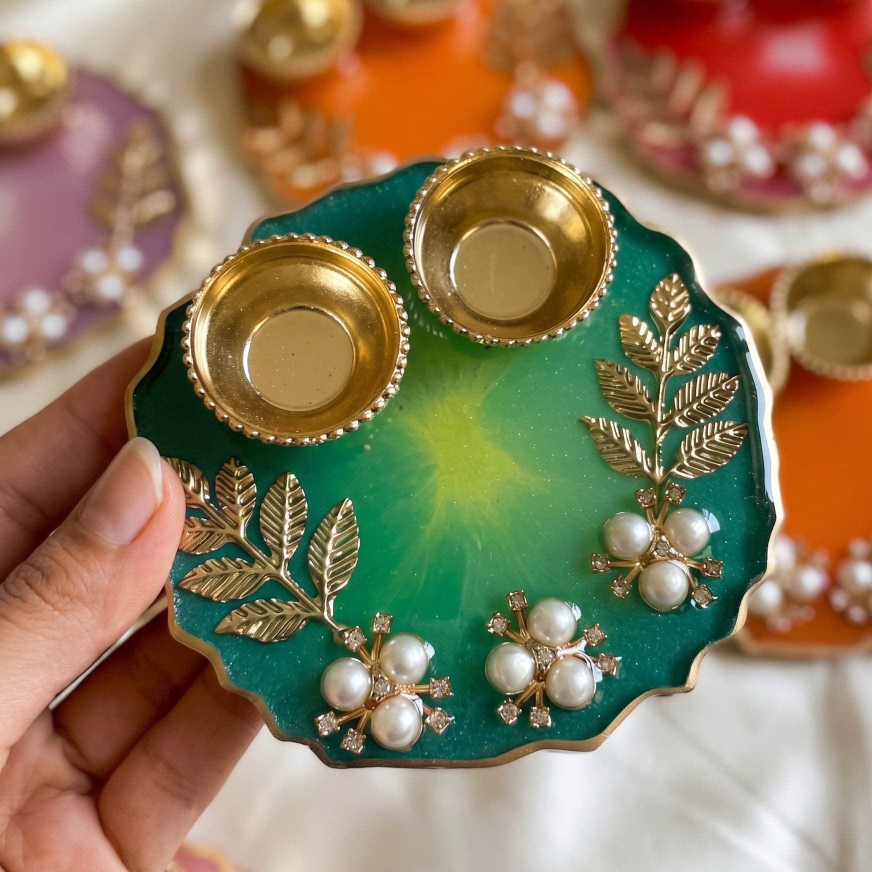 Pearl Embellished Resin Thali - Teal Green